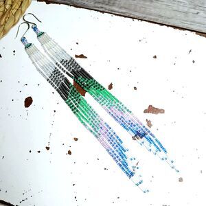 BOGO EARRINGS Long Boho Beaded Cascade Fringe Dangle Earrings, Seed Bead 8"